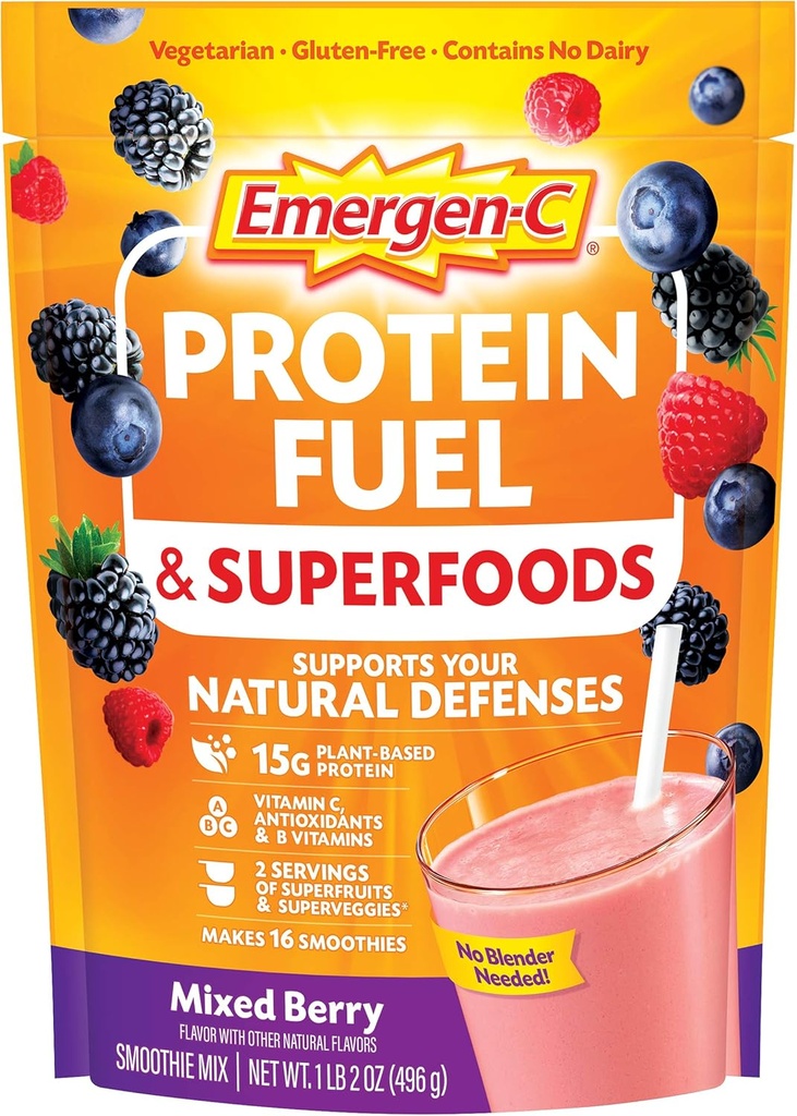 Emergen- C Protein Powder Fuel & Superfoods (16 Servere, blandet berry flavor) Plant-baseret & Vegetar Shake Mix med økologiske superfødevarer, C-vitamin & andre antioxidanter