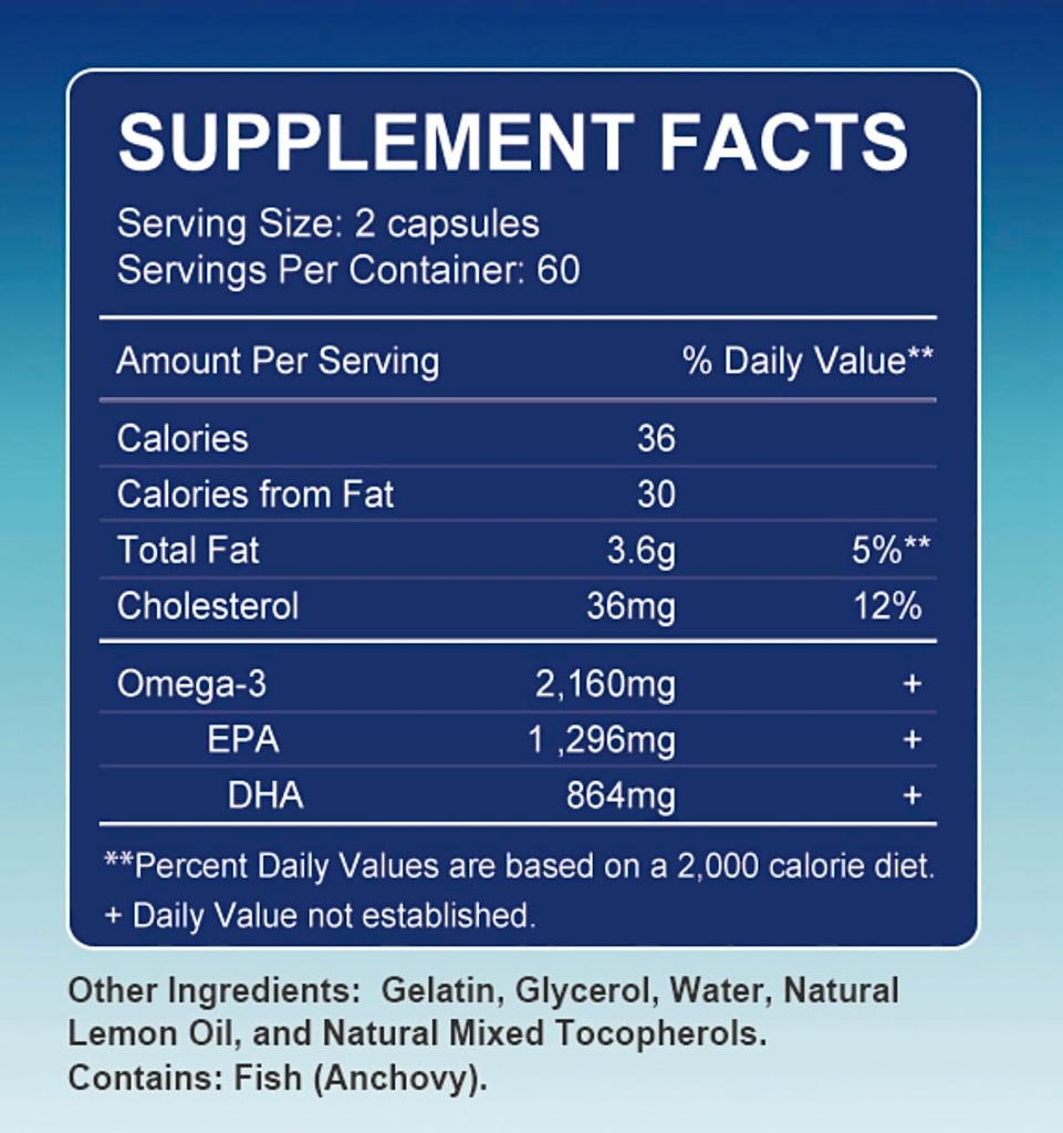 Triple Strength Omega-3 2160mg + EPA 1296mg + DHA 864mg + Natural Supplement for Sund Hjerte / Brain Support, 120 Softgels, 60 Day Supply