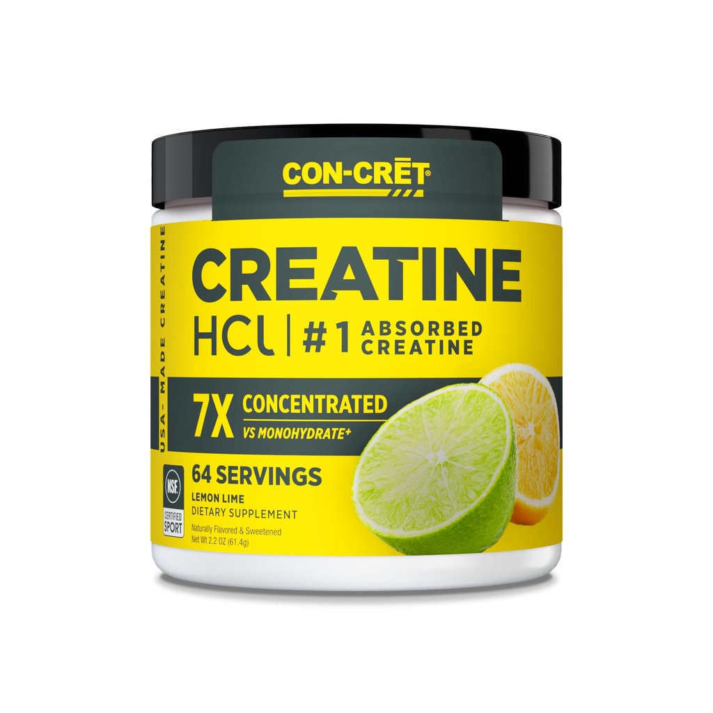 CON- CRET Creatin HCl Pulver • 124; Muskel, Kognitiv, Cellular Energy Support • 124; Ingen Bloating eller Cramps • 124; USA Made & NSF Certified • 124; Lemon Lime (64 Servering)
