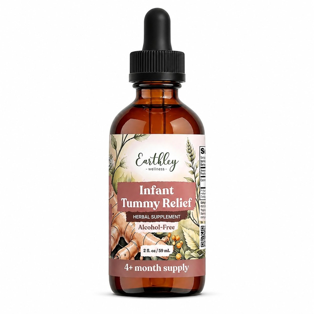 Earthley Wellness Infant Tummy Relief, Gripe Water, Organic Herbal Tincture for Gas, Bloating, and Hiccups in Babies & Kids, Gentle Stomach Support with Fennel, Ginger, & Catnip, Alcohol-Free (2 oz)