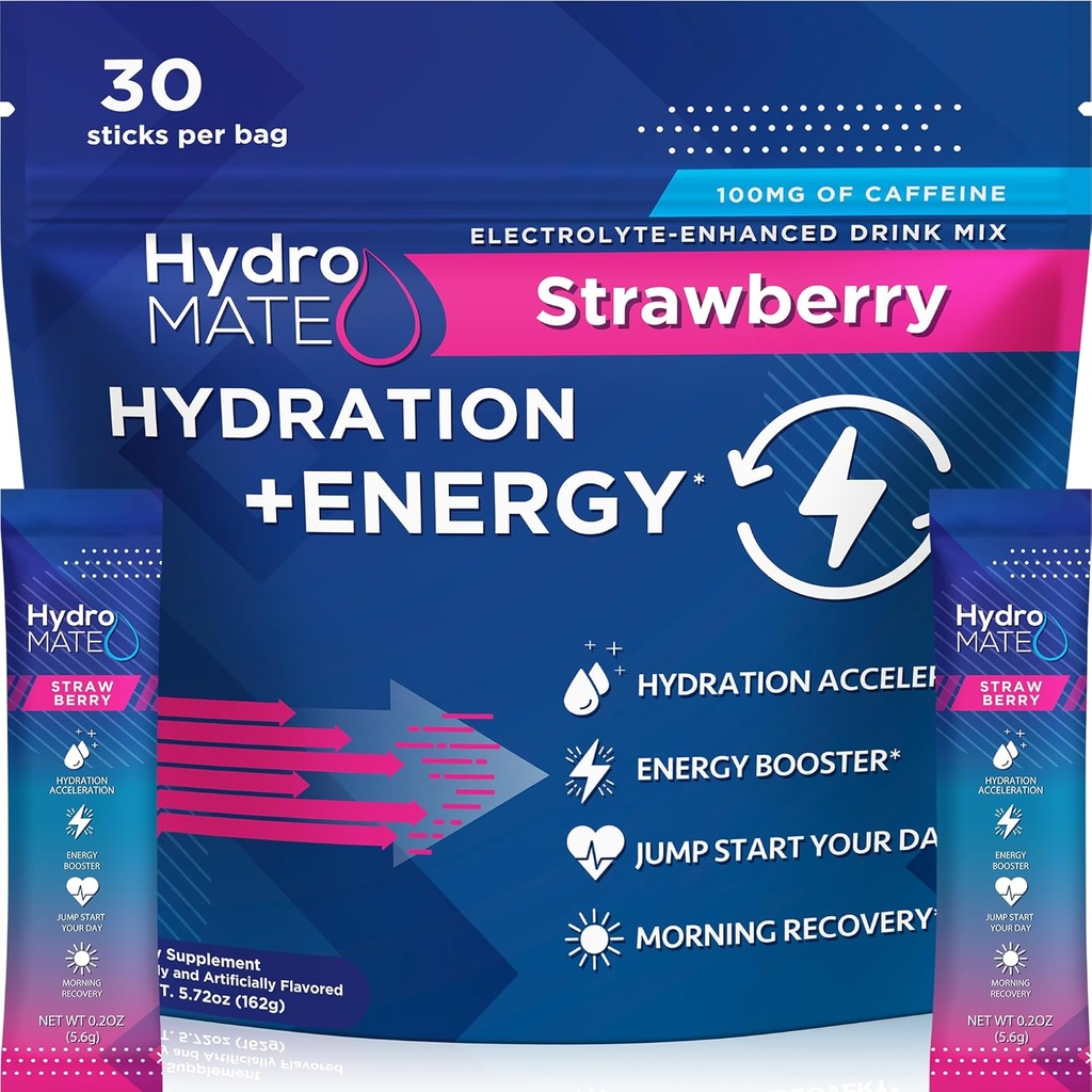 HydroMATE Electrolytes Powder Drink Mix Pakninger Hydration Accelerator Lavt sukker Rapid Party Relief Recovery Vitamin C Plus koffein Jordbær 30 Tæl