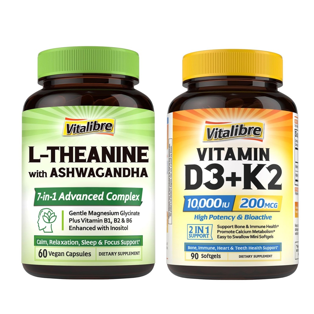 Vitalibre Vitamin D3 K2 10000 IU 90 Caps and L-Theanine 200mg Supplement 60 Caps