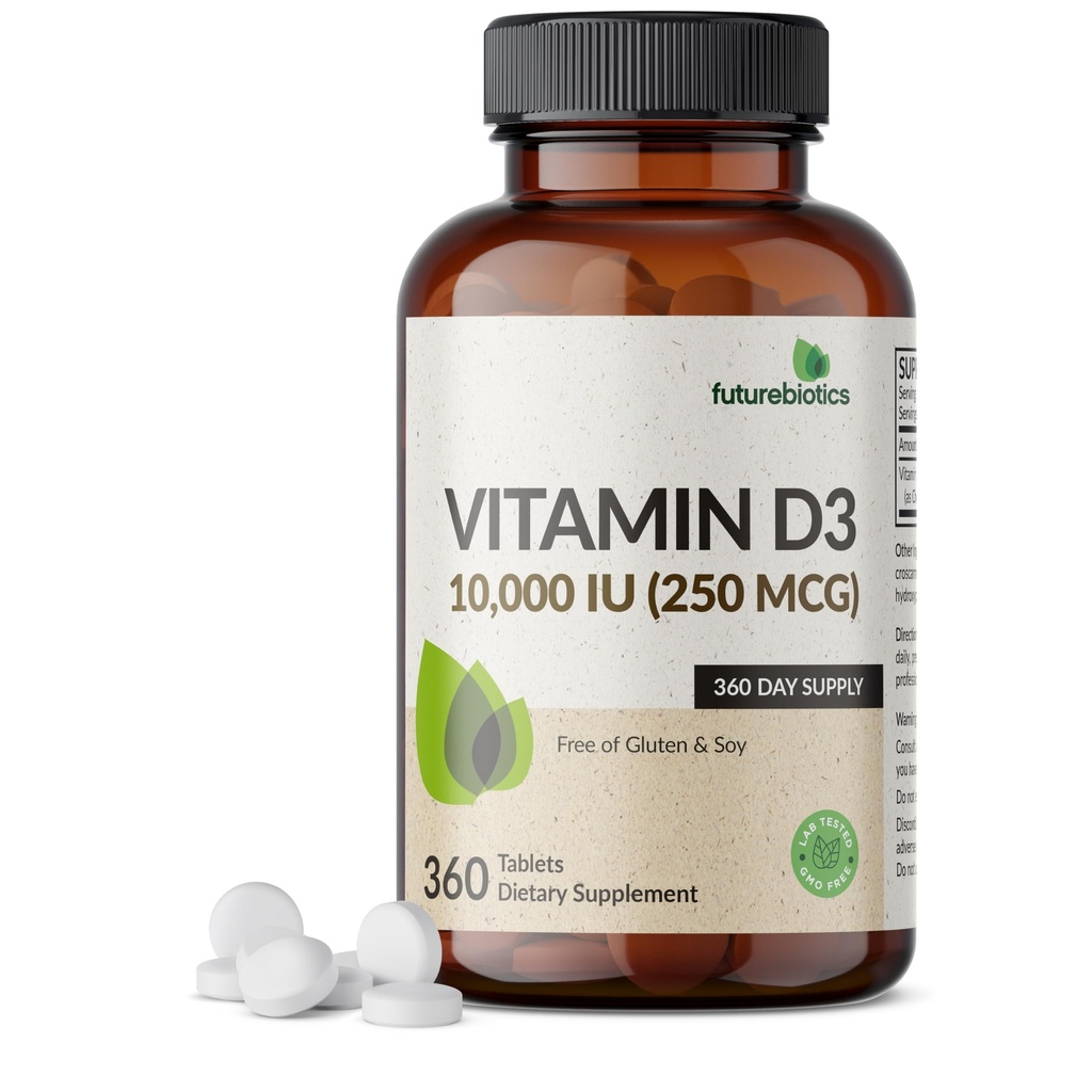 Futurebiotics Vitamin D3 10,000iu (250mcg) 360 Day Supply for Healthy Muscle Function and Immune Support, Non-GMO, 360 Tablets