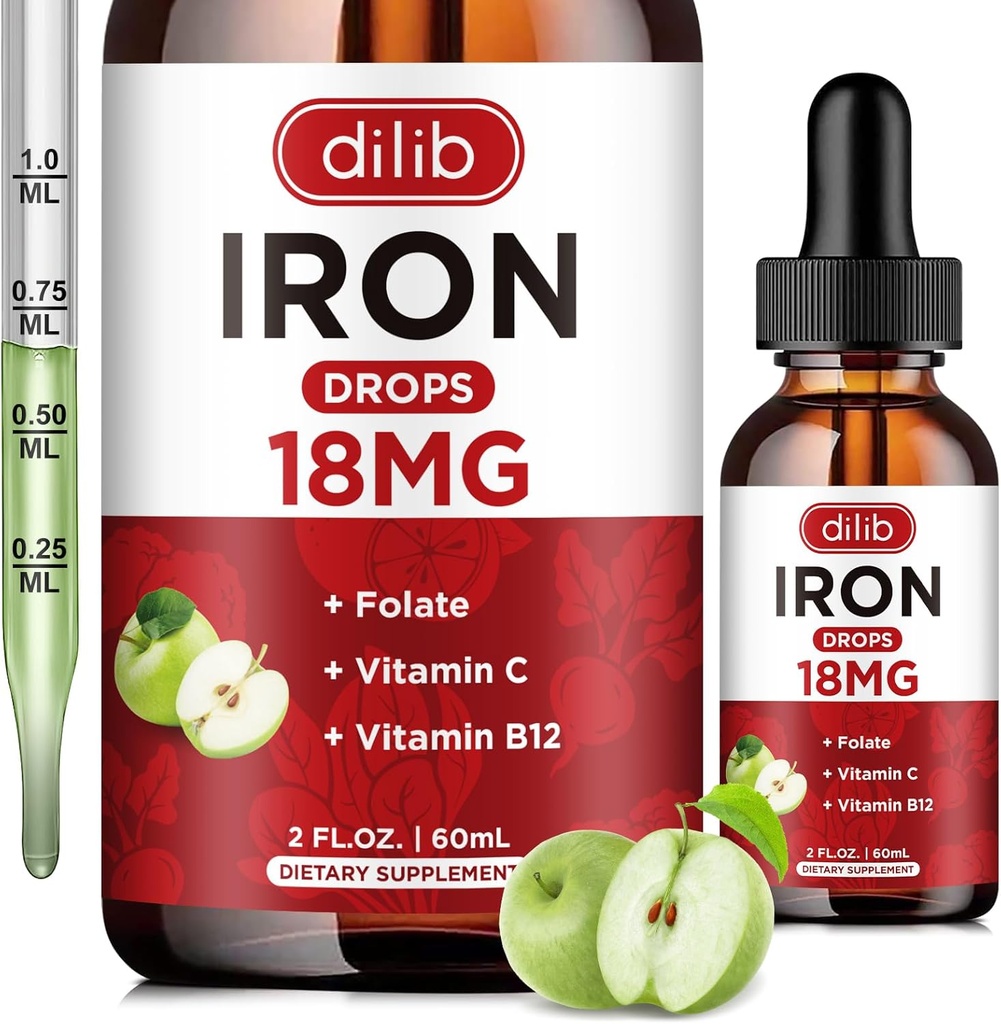 Flydende jerntilskud til kvinder & mænd jerndråber Jerntilskud til anæmi med folat, C-vitamin, B12 for røde blodceller Support-Green Apple Flavor, 2 Fl Oz