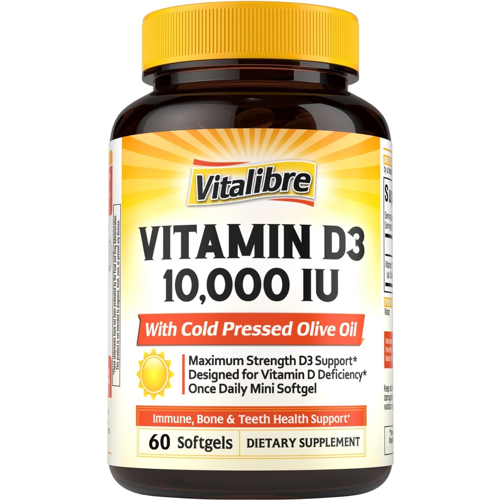 Vitalibre Maximum Strength Vitamin D3 10,000 IU (250mcg), Highly Bioavailable, with Cold Pressed Olive Oil, Immune, Bone & Teeth Health Support, No Soy, Sunshine Vitamin, 60 Mini Softgels