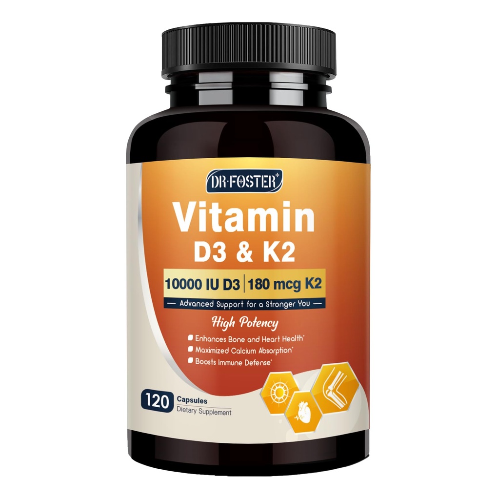 DRFOSTER Vitamin D3 K2, 10000 IU Vitamin D3 Plus 180 mcg of Vitamin K2, Supplements for Adults for Bone & Heart Health Support, 120 Capsules
