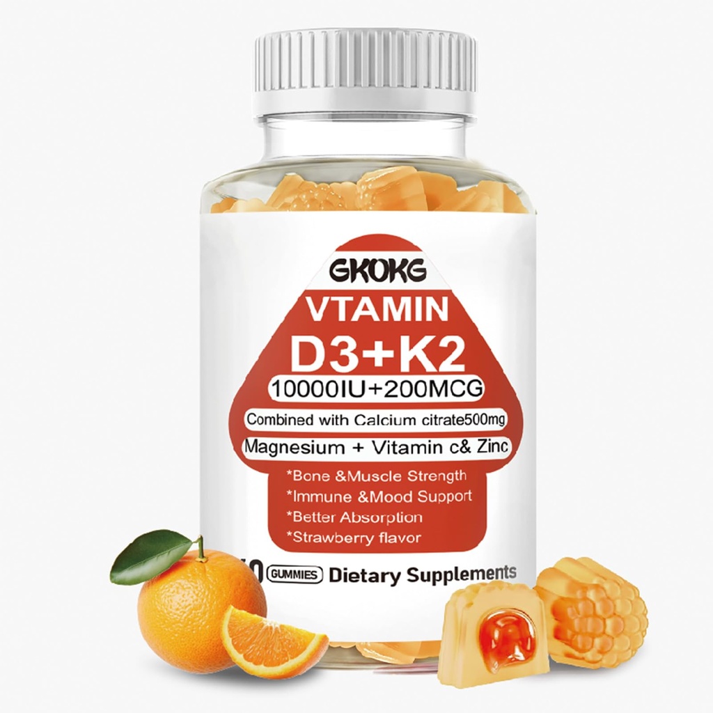 Vitamin D3 K2 (MK7 200mcg Gummies - Vegan Vitamin D 3 10000 IU Supplement for Bone & Heart Health, Teeth, Muscle, Mood and Immune Support - 60 Softgels Orange Flavored