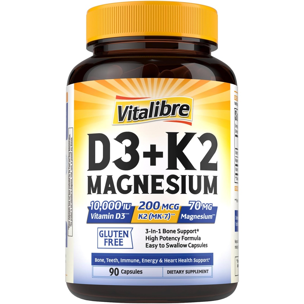 Vitalibre D3 K2 + Magnesium Supplement, 10000 IU Vitamin D3 & 200 mcg K2, with Magnesium Glycinate, Bone, Teeth, Immune & Energy Support, High Absorption, Non-GMO, Easy to Swallow, 90 Capsules