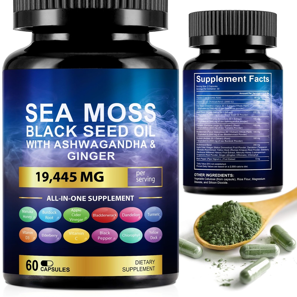 Sea Moss Black Seed Oil Ashwagandha Ginger Turmeric Capsules, Sea Moss Gummies Supplement with Burdock Root Bladderwrack Vitamin C Vitamin D3 Yellow Dock Iodine Chlorophyll ACV - 60 Count