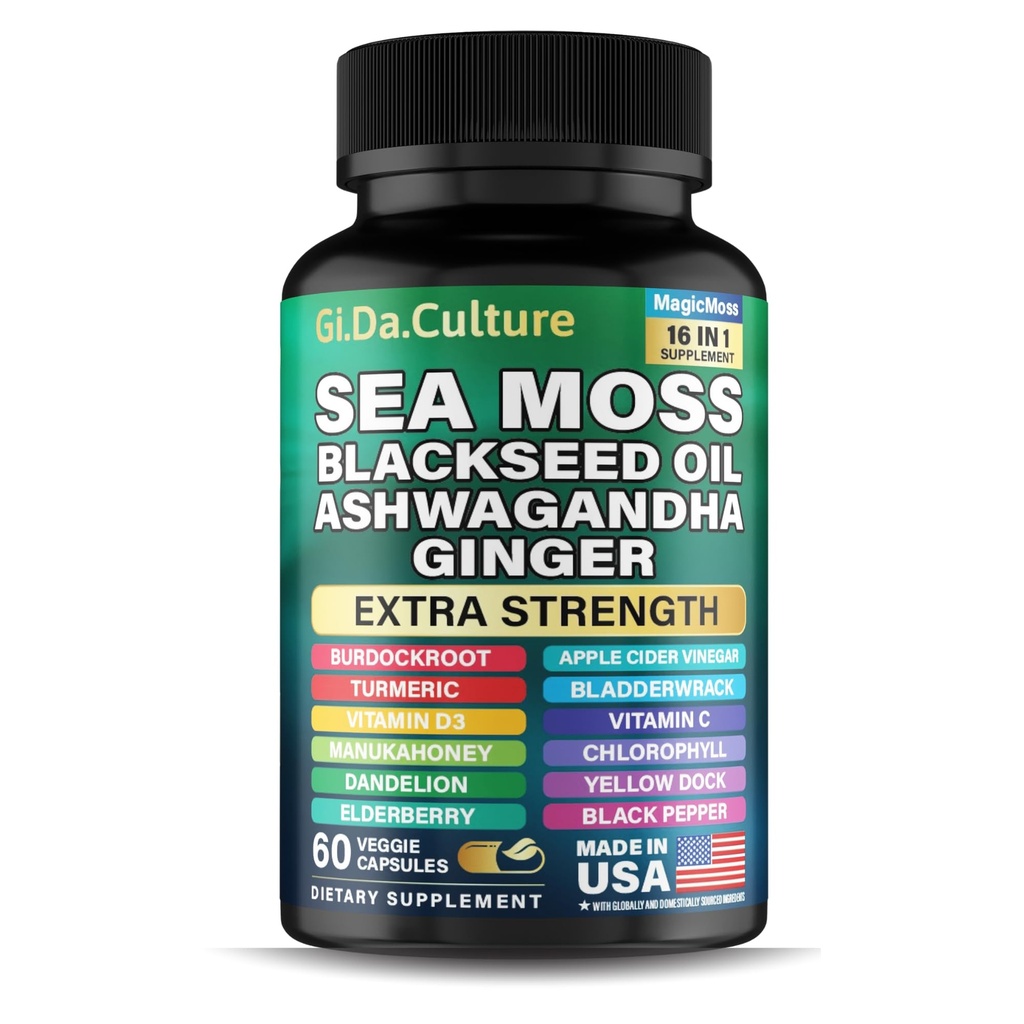 Organic Sea Moss Capsules - Organic Irish Sea Moss Black Seed Oil Ashwagandha Ginger Burdock Root Bladderwrack Turmeric Black Pepper Vitamin C, D3-60 Veggie Capsules for Men & Women