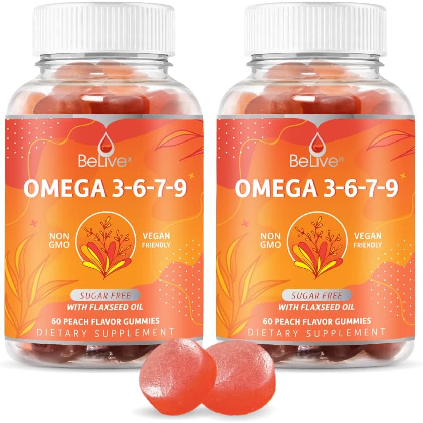 BeLive Organic Omega 3 Gummies - Omega 3 6 9 7 DHA & EPA fra Flaxseed Oil & Sea Buckthorn Fruit Oil, Vegan, for børn og voksne, Full Body, Brain & Eye Support, Sugar Free - Peach Measures 124; 2-Pack