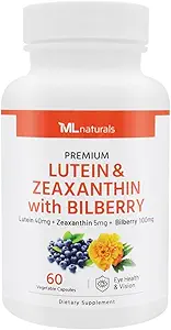 ML Naturals Premium Lutein & Zeaxanthin med Bilberry 60 Vegetabilske kapsler. Lutein 40 mg, Zeaxanthin 5 mg og Bilberry 100 mg. Premium Quality. Sunde øjne & Vision, NSF- Certified & cGMP- Compliant
