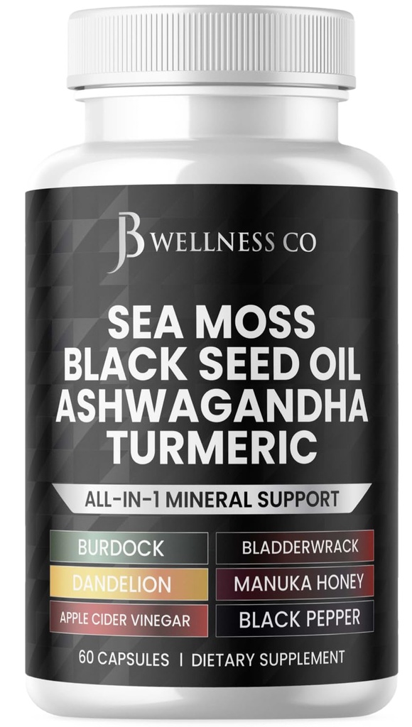 Sea Moss Black Seed Oil Ashwagandha Turmeric Bladderwrack Burdock - with Manuka, Honey Dandelion, ACV Black Pepper Gluten Free - 60 Count