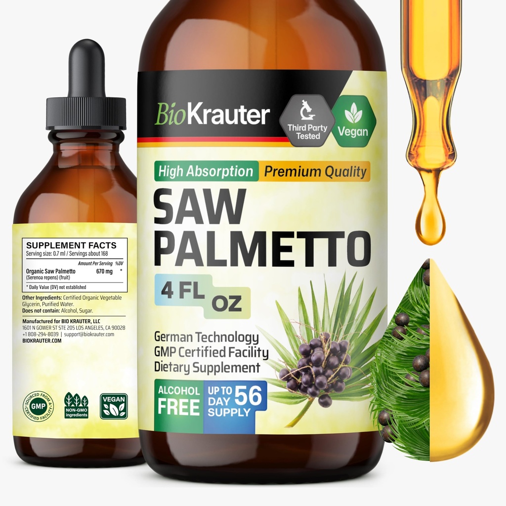 BIO KRAUTER® Saw Palmetto for Men & Women - Pure Vegan Liquid Drops Saw Palmetto 670 mg per Serving 4 Fl.Oz 56-Day Supply - Used for Urinary Tract Support, Hair & Skin Wellness - Alcohol & Sugar Free