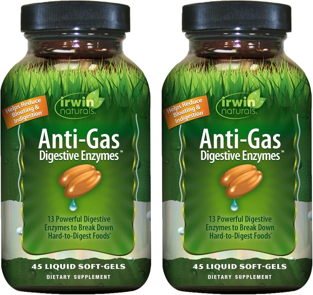 Irwin Naturals Anti-Gas Digestive Enzymes – 45 Liquid Soft-Gels – Bloating & Nutrient Absorption Support - 2 Pack