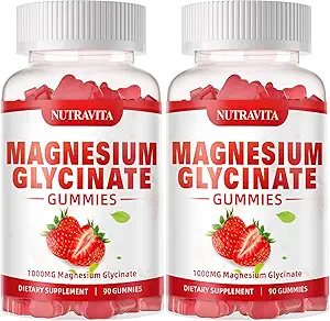 Magnesium Glycinat Gummies 1000mg med L- Threonat, Chelated Magnesium Kalium Complex tillæg med VitD, B6, CoQ10, Calcium, Supports for Memory, Calm, Mood - 180 Gummies Jordbær