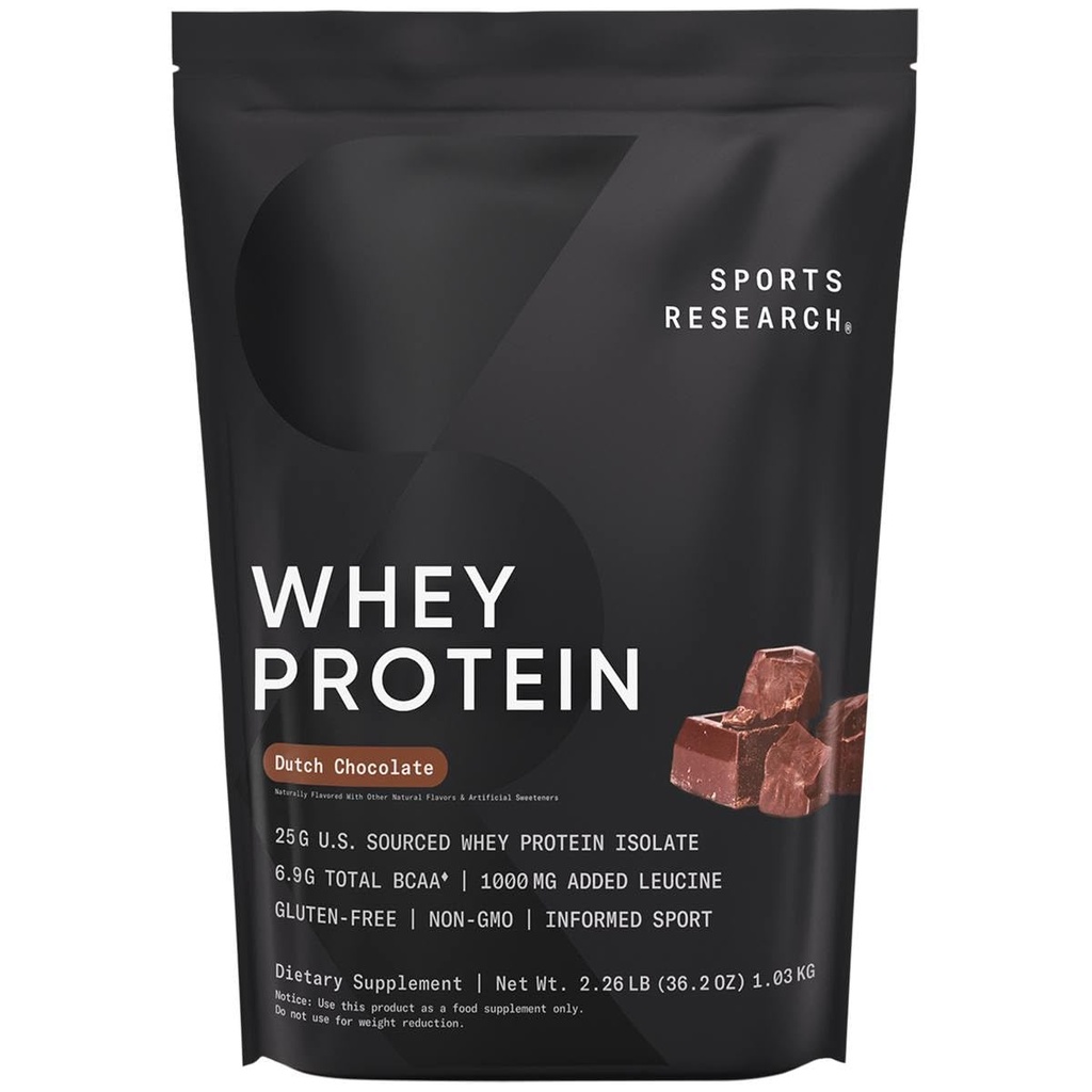 Sports Research Whey Protein Isolate - Sport Nutrition Protein Powder 25g per servering - 2.27lb Bag Whey Protein - Hollandsk Chokolade Bulk Protein Powder, 25 Servere