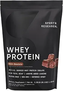 Sports Research Whey Protein Isolate - Sport Nutrition Protein Powder 25g per servering - 2.27lb Bag Whey Protein - Hollandsk Chokolade Bulk Protein Powder, 25 Servere