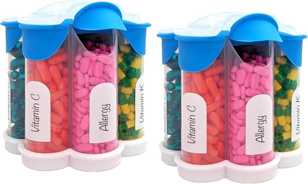 Ekstra Stor Pill Organizer Daglig, Ugentlig, Månedlig Supplement Flaske, Cute Blossom Pill Dispenser med 7 XL kompartmenter (2 Pack Combo) (Light Blue 2 Pack)