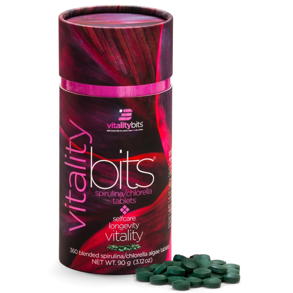 Vitalitybits - Organic Blended Spirulina & Chlorella Tablets - Alger Superfood - Energi, Self Care, Skønhed - Erstat grønne, Kosttilskud, Protein, Snacks - Vegan, Keto, Gluten Free - 360 tabletter