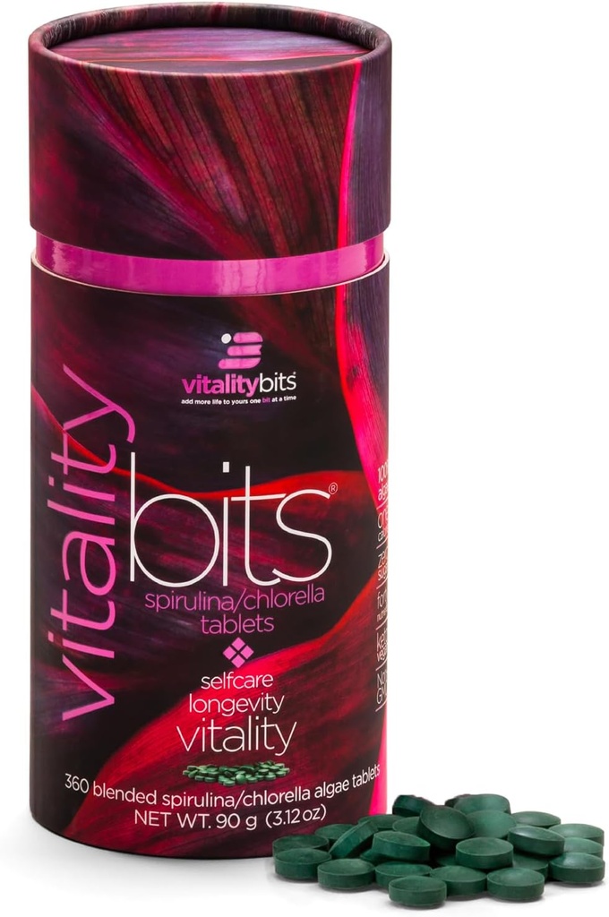 Vitalitybits - Organic Blended Spirulina & Chlorella Tablets - Alger Superfood - Energi, Self Care, Skønhed - Erstat grønne, Kosttilskud, Protein, Snacks - Vegan, Keto, Gluten Free - 360 tabletter