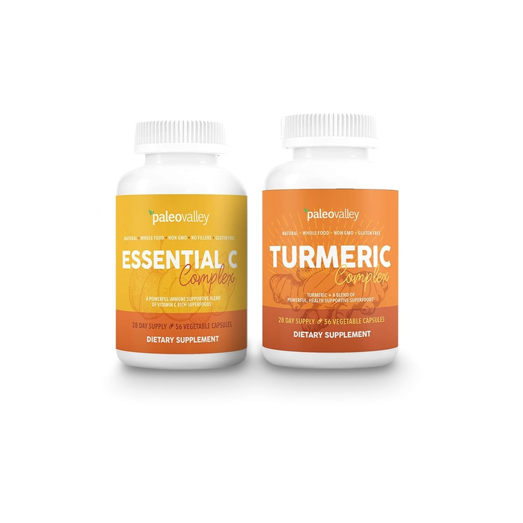 Paleovalley Organic Turmeric Complex + Essential C Complex Bundle – Full Spectrum Turmeric + Whole-Food Vitamin C – Joint, Immune & Antioxidant Support – 56 Veg Capsules + 450mg Essential C