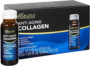 Agueless Ultra Anti Aging Flydende Collagen til mænd og kvinder, Marine Collagen, gurkemeje, Glutathion, og Rosa Roxburghii, Multi Vitamin, Skincare, Hydrating & Revitalizing Formel - 50 ml (10 Greve)