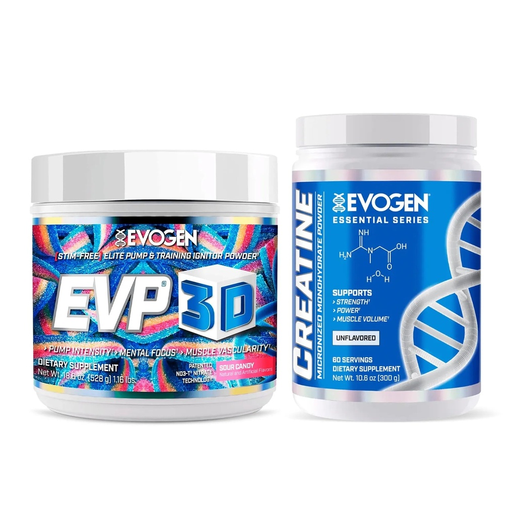 Evogen EVP 3D Creatine Monohydrate Bundle – Stim Free Pre Workout Powder & Micronized Creatine for Pump, Strength, Power & Recovery | Sour Candy + Unflavored