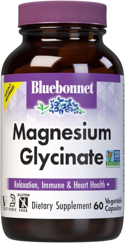 Bluebonnet Magnesium Glycinate, Energy Production*, Enzyme Function*, Non-GMO Certified by NSF, Vegan, Kosher Certified, Gluten-Free, Soy-Free, Dairy-Free, 60 Vegetable Capsules, 15 Servings