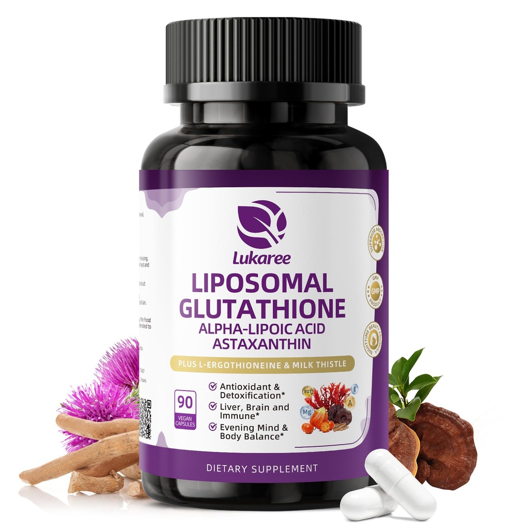 Liposomal Glutathione 500mg, Nighttime Beauty & Liver Support with Alpha Lipoic Acid, Milk Thistle, Astaxanthin | 15-in-1 Antioxidant Complex for Skin Radiance & Cellular Support, 90 Vegan Capsules