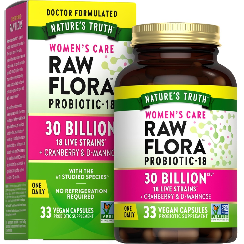 Raw Flora Probiotics for Women | 30 Billion CFU | 33 Capsules | with Cranberry and D-Mannose | Vegan, Non-GMO & Gluten Free Supplement