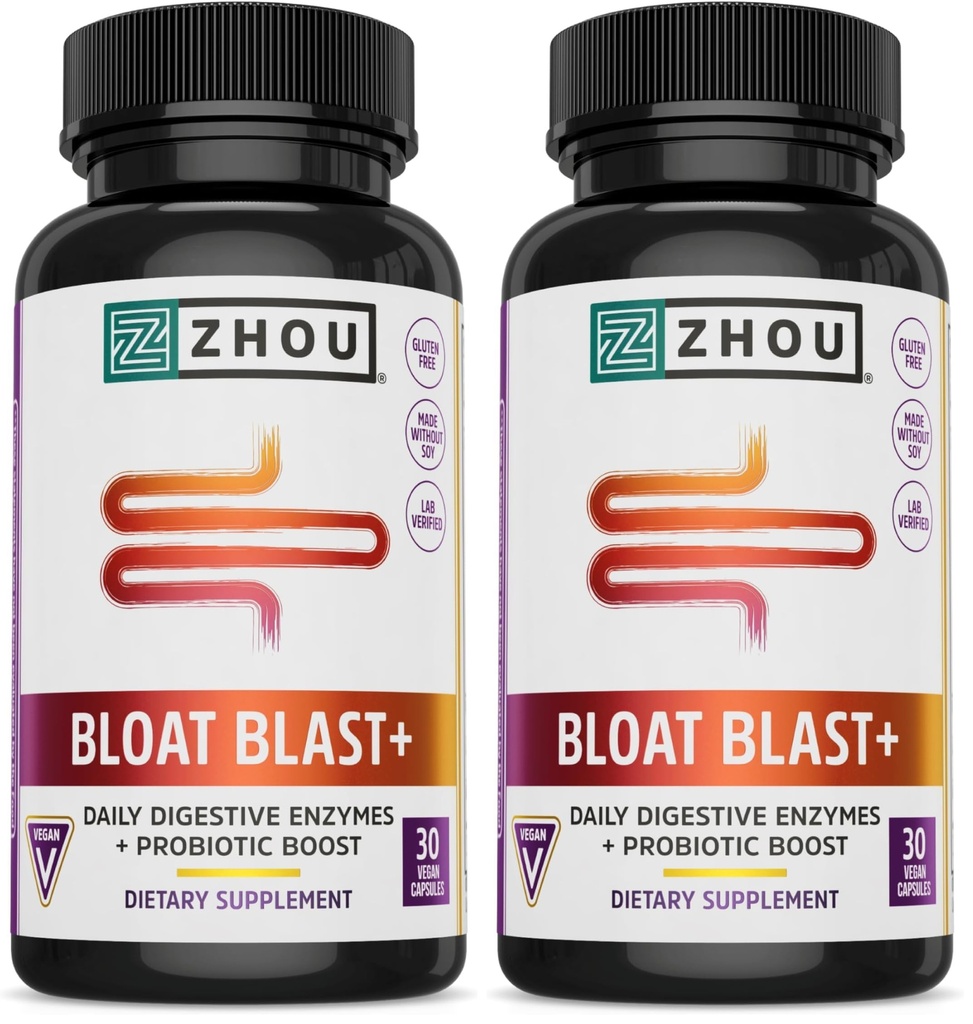 ZHOU Nutrition Bloat Blast+ - Digestive Support Supplement for Women & Men, Digestive Enzymes with Probiotics for Gut Health - 30 Veggie Capsules (Pack of 2)