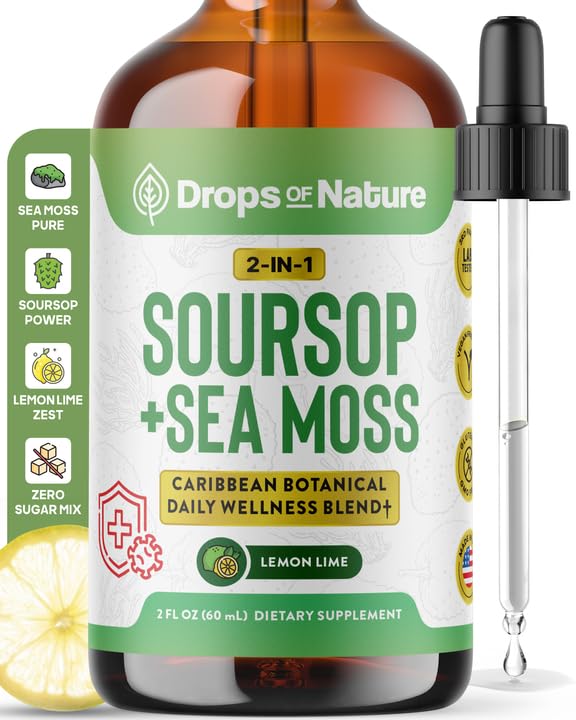 Soursop med Sea Moss Liquid Supplement - Mere koncentreret end Sea Moss Gel - Let blandes med drikkevarer - Soursop Bitters Liquid Drops til hydrering og immunforsvar (Lemon Lime, 60ml)
