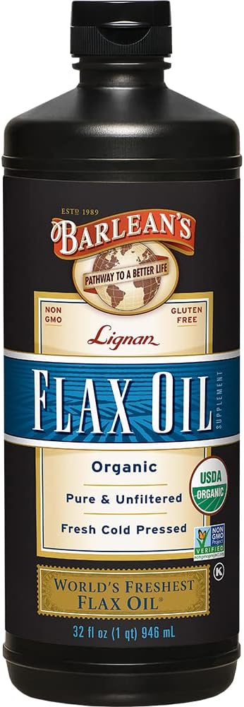 Barlean 's Organic Lignan Omega 3 Flaxseed Oil Liquid Supplement for mænd og kvinder, Cold Press Hør Frø, 7230mg ALA Fedtsyre, Vegan og Gluten Free, 32 oz