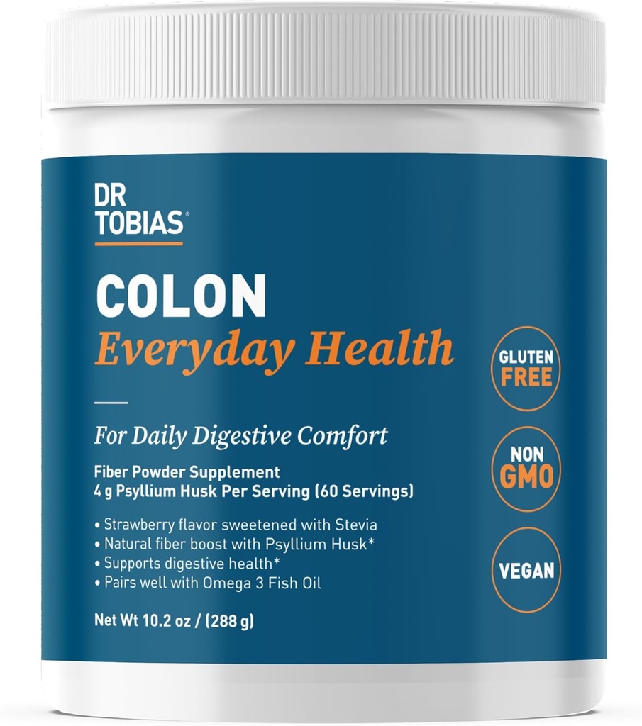 Dr. Tobias Colon Everyday Health - Gut Health for Women & Men - Psyllium Fiber Powder Drikke med 4g Psyllium Husk Powder per Servering, Vegan, Gluten Free, Non- GMO, Strawberry Flavor, 60 Servere