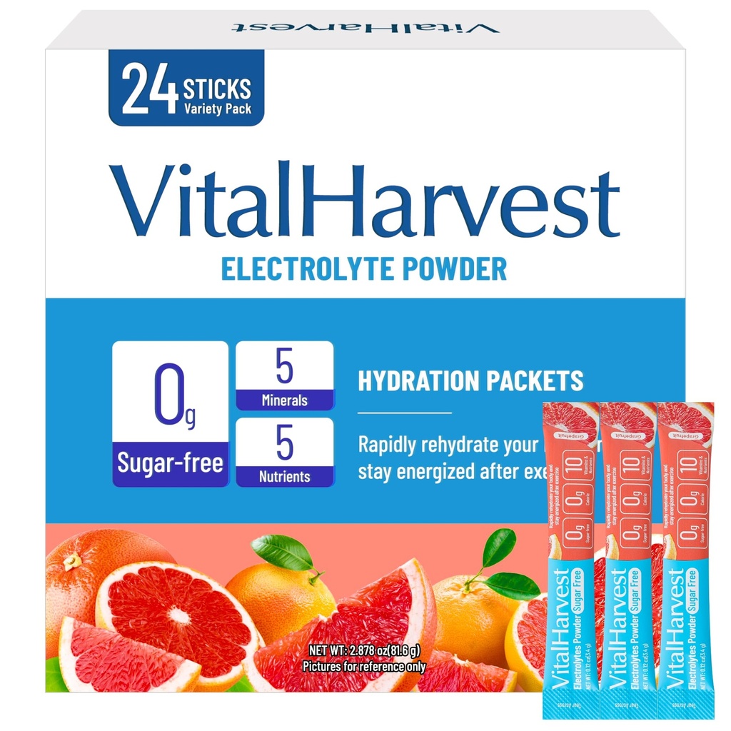 24 Sticks Electrolytes Powder Packets 7 Flavors Sugar Free Hydration Packets Liquid Daily IV Drink Mix, Low Sodium, Grapefruit