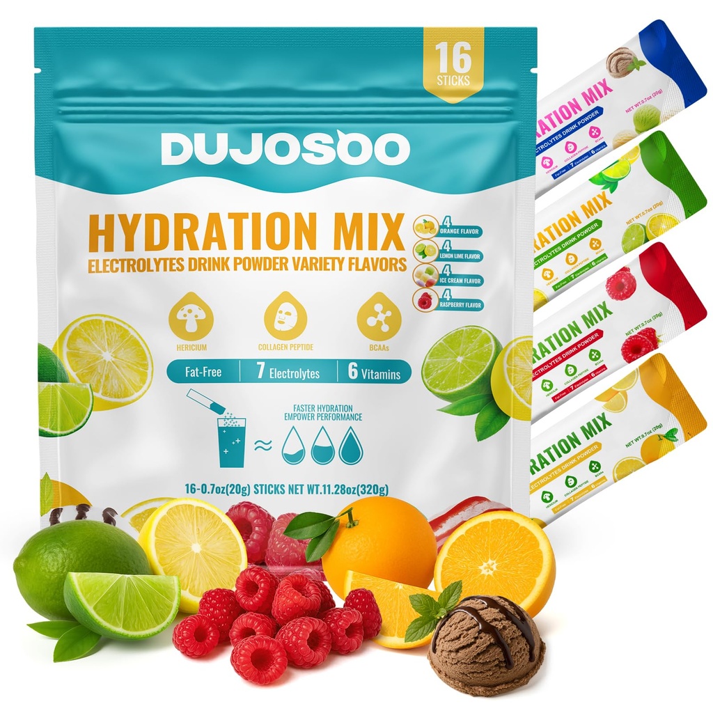 Shake Thoroughly! Electrolyte Hydration Powder Drink Mix | Fat Free - Variety Pack | 7 Electrolytes & 6 Vitamins | Hericium, Collagen Peptide, BCAAs | 1 Pack: 16 Servings, 20g/Stick, 5g Protein/Stick