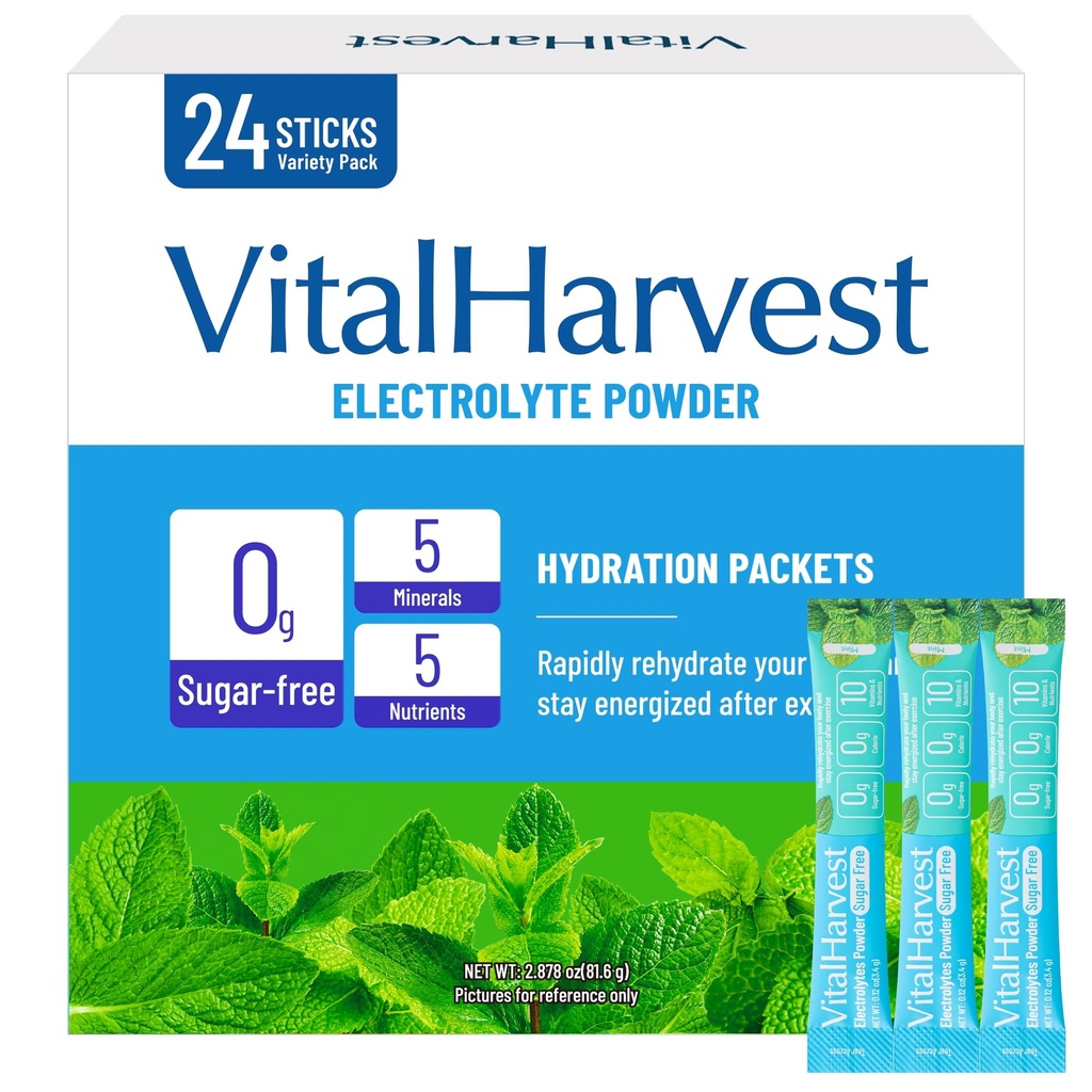 24 Sticks Electrolytes Powder Packets 7 Flavors Sugar Free Hydration Packets Liquid Daily IV Drink Mix, Low Sodium, Mint