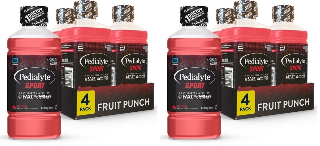 Pedialyte Sport Electrolyte Drink,Fast Hydration with 5 Key Electrolytes for Muscle Support Before,During,& After Exercise,Fruit Punch,1 Liter,(Pack of 8)