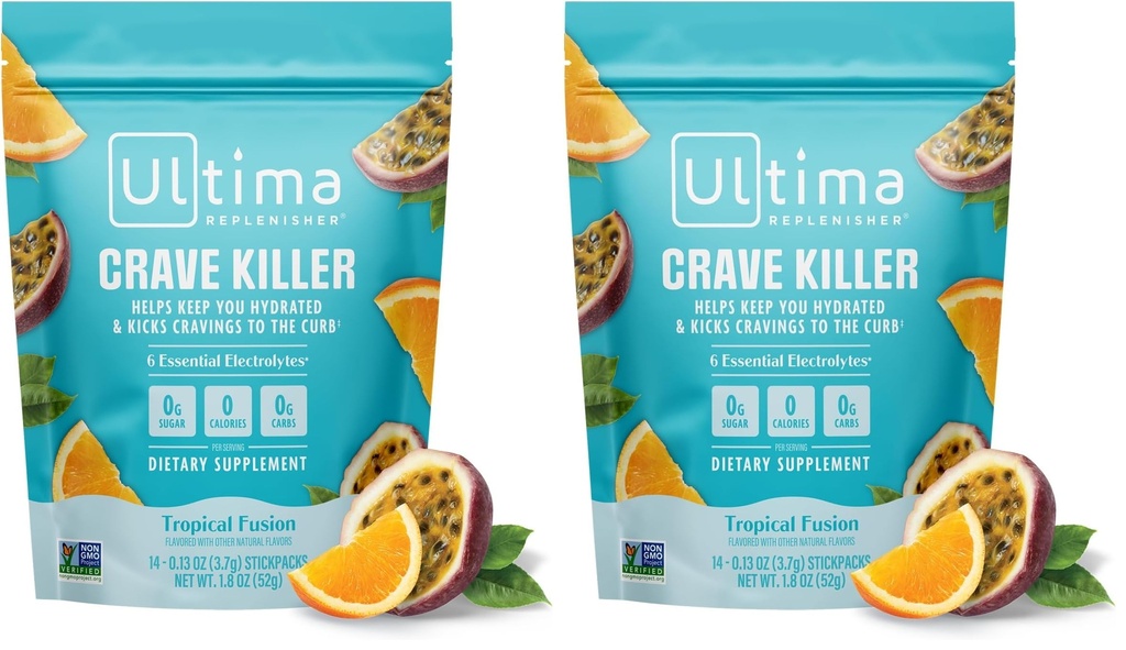 Ultima Replenisher Crave Killer Supplement and Electrolytes Powder – Tropical Fusion, 14 Stickpacks – Hydration Packets That Kick Cravings to The Curb (Pack of 2)