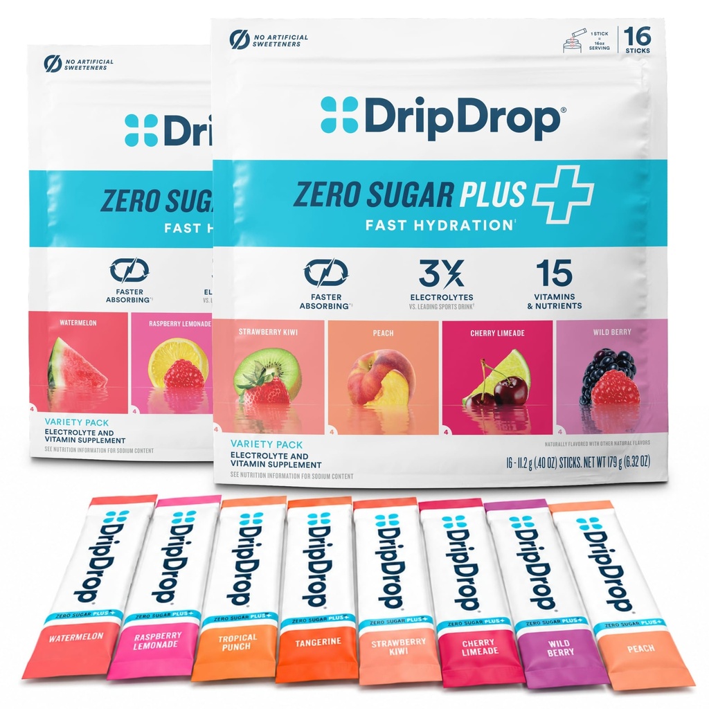 DripDrop Zero Sugar Plus - Sugar Free Hydration Packets - Raspberry Lemonade, Watermelon, Tangerine, Tropical Punch, Strawberry Kiwi, Peach, Cherry Limeade, Wild Berry - 32 Sticks