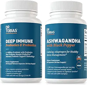 Dr. Tobias Deep Immune Probiotika & Prebiotika og Ashwagandha Kapsler, Understøtter fordøjelse, Energi & immunsundhed, Non- GMO