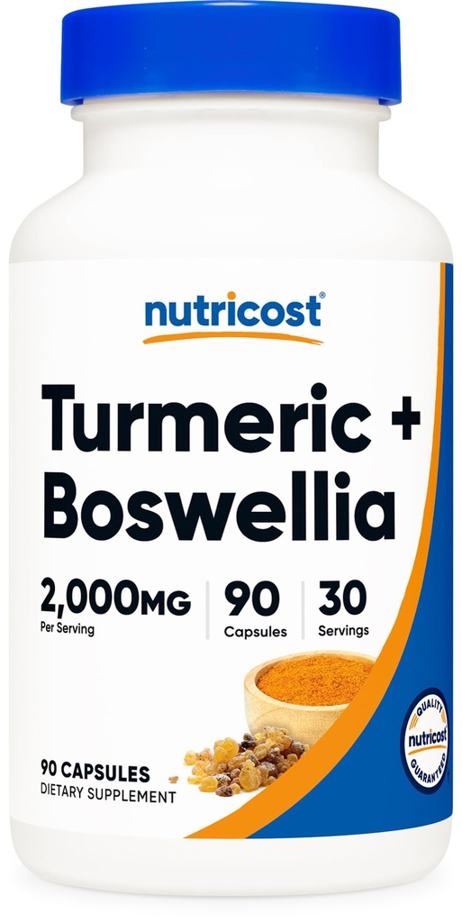 Nutricost Turmeric + Boswellia Supplement (2000mg) 90 Capsules - with BioPerine® (15mg), 95% Curcuminoids, 30 Servings