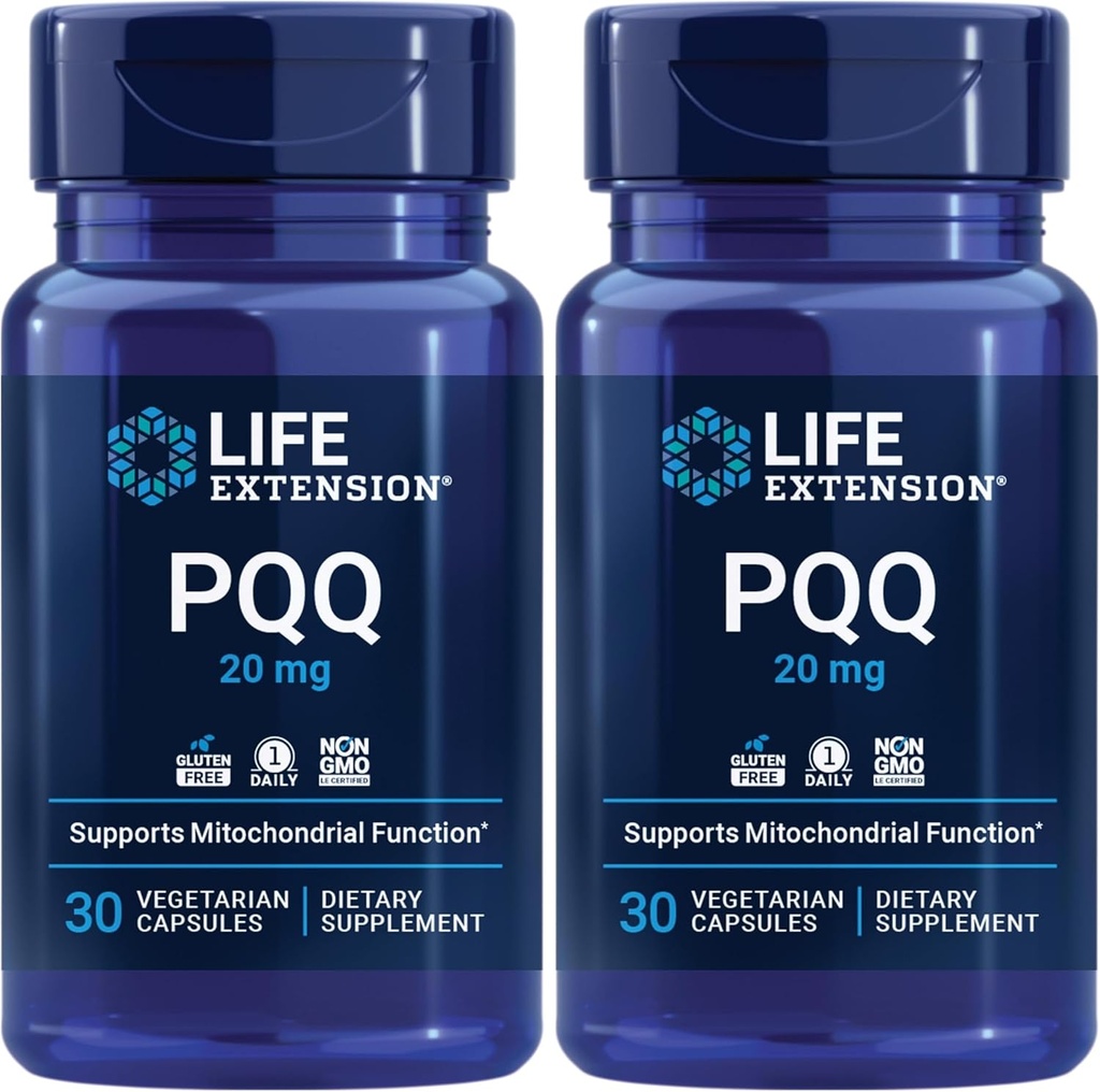 Life Extension PQQ (Pyrroloquinoline Quinone) 20mg fremmer væksten af nye cellulære mitokondrier - Glutenfri, Once- Daily, Non- GMO, Vegetar - 30 Vegetariske kapsler (Pack of 2)