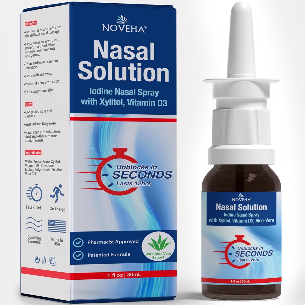 NOVEHA Nasal Spray- 1% Povidon- Jod Spray, D3- vitamin, Aloe- Vera - Nasal Cleanser (30ml)