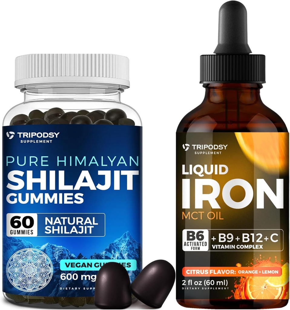 Ultimate Health Bundle: Liquid Iron Supplement & Pure Himalayan Organic Shilajit Gummies for Women & Men - Non-GMO, Vegan, Natural Energy and Immune Support - 60 Gummies & 30 Servings