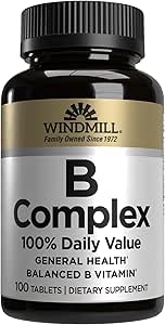 Windmill Natural Vitaminer B Complex (100% daglig værdi), Boost Energy Production and Promote Metabolisme, 100 Tablets, 100 Servere