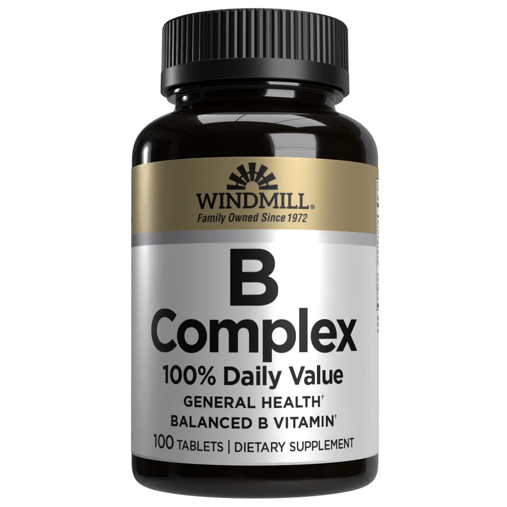 Windmill Natural Vitaminer B Complex (100% daglig værdi), Boost Energy Production and Promote Metabolisme, 100 Tablets, 100 Servere