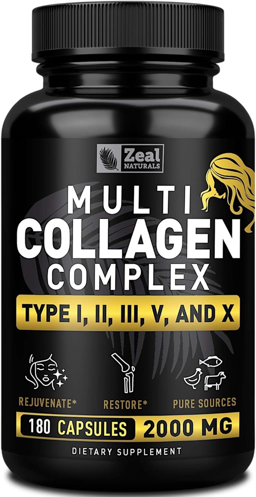 Multi Collagen Peptider Pills (Typer) Grass Fed Collagen Pills (180 Kapsler) - Hydrolysat Collagen Protein Blend til hår, hud, negle og fælles støtte - Collagen Pills til kvinder
