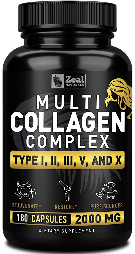 Multi Collagen Peptider Pills (Typer) Grass Fed Collagen Pills (180 Kapsler) - Hydrolysat Collagen Protein Blend til hår, hud, negle og fælles støtte - Collagen Pills til kvinder